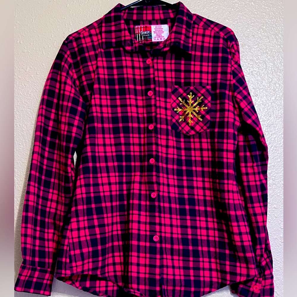 Spencer's Workshop Holiday Flannel Plaid Shirt "Sleigh Girl Sleigh Sze L